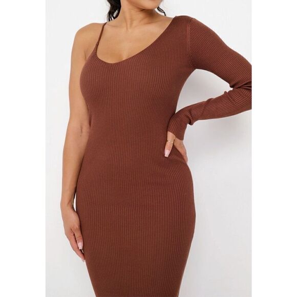 Brown one shoulder midi dress - Picture 4 of 9